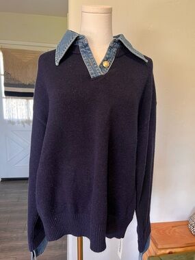 Commense Preppy V-Neck Sweater with Denim-Trim Collar